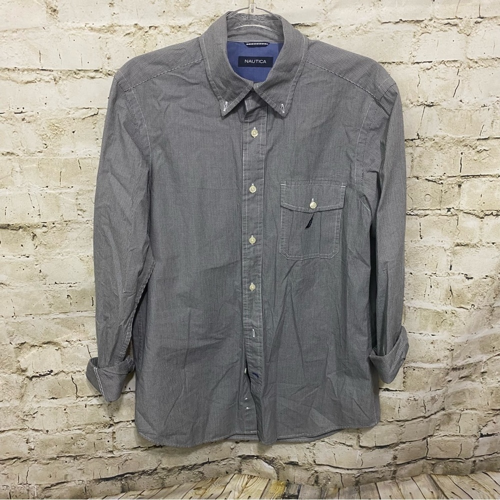 Nautica Black White Gingham Plaid Cotton Button Down Dress Shirt